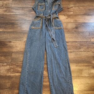 Stylish Blue Denim Overalls with Stud Accents
